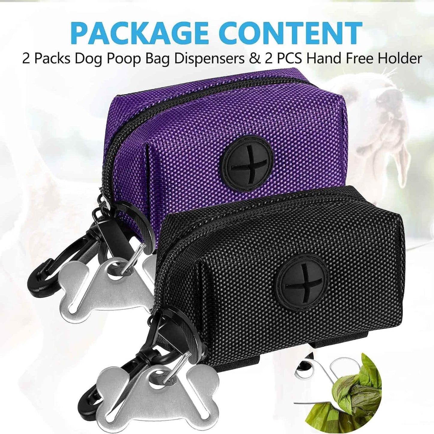 2Packs Dog Poop Bag Holder for Leash Attachment Dog Poop Bag Dispenser Dog Waste Bag Dispensers for Leash Accessory Dog Poop Bag Holders Dispensers & Hand Free Holder Metal Carriers, Black&Purple