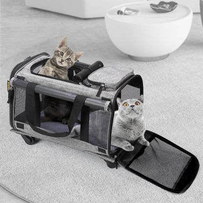 Pet Carrier with Wheels, Airline Approved Dog Cat Carrier for Medium Small Dogs, Pet Travel Rolling Carrier, Telescopic Handle, Grey