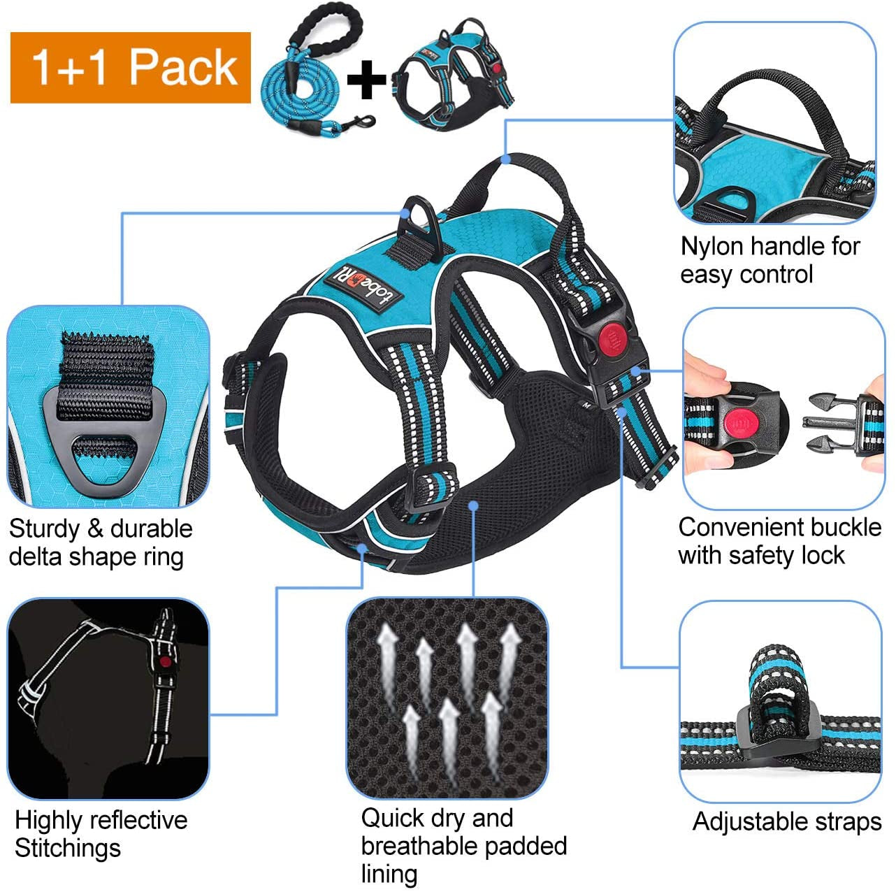 No Pull Dog Harness Adjustable Reflective Oxford Easy Control Medium Large Dog Harness with a Free Heavy Duty 5Ft Dog Leash (S (Neck: 13"-18", Chest: 17.5"-22"), Blue Harness+Leash)